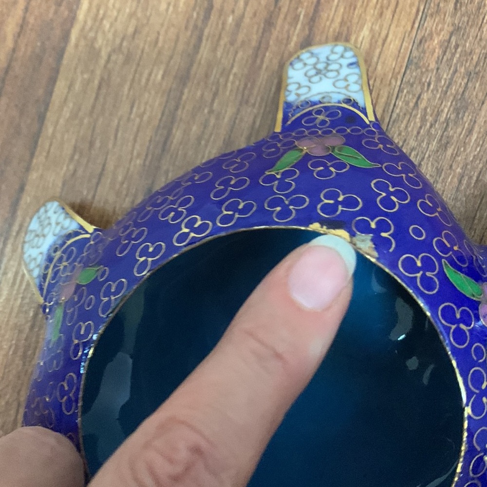 Unique vintage 3D cloisonné indigo turtle w removable lid 6” around - Picture 14 of 14